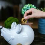 A person putting a Bitcoin token into a mouse-shaped piggy bank indoors.