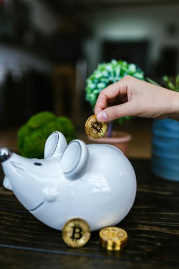pexels-photo-8370777-8370777 A person putting a Bitcoin token into a mouse-shaped piggy bank indoors.